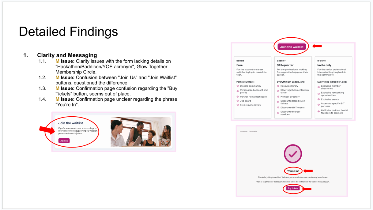 Detailed findings page from the client report with annotated screens