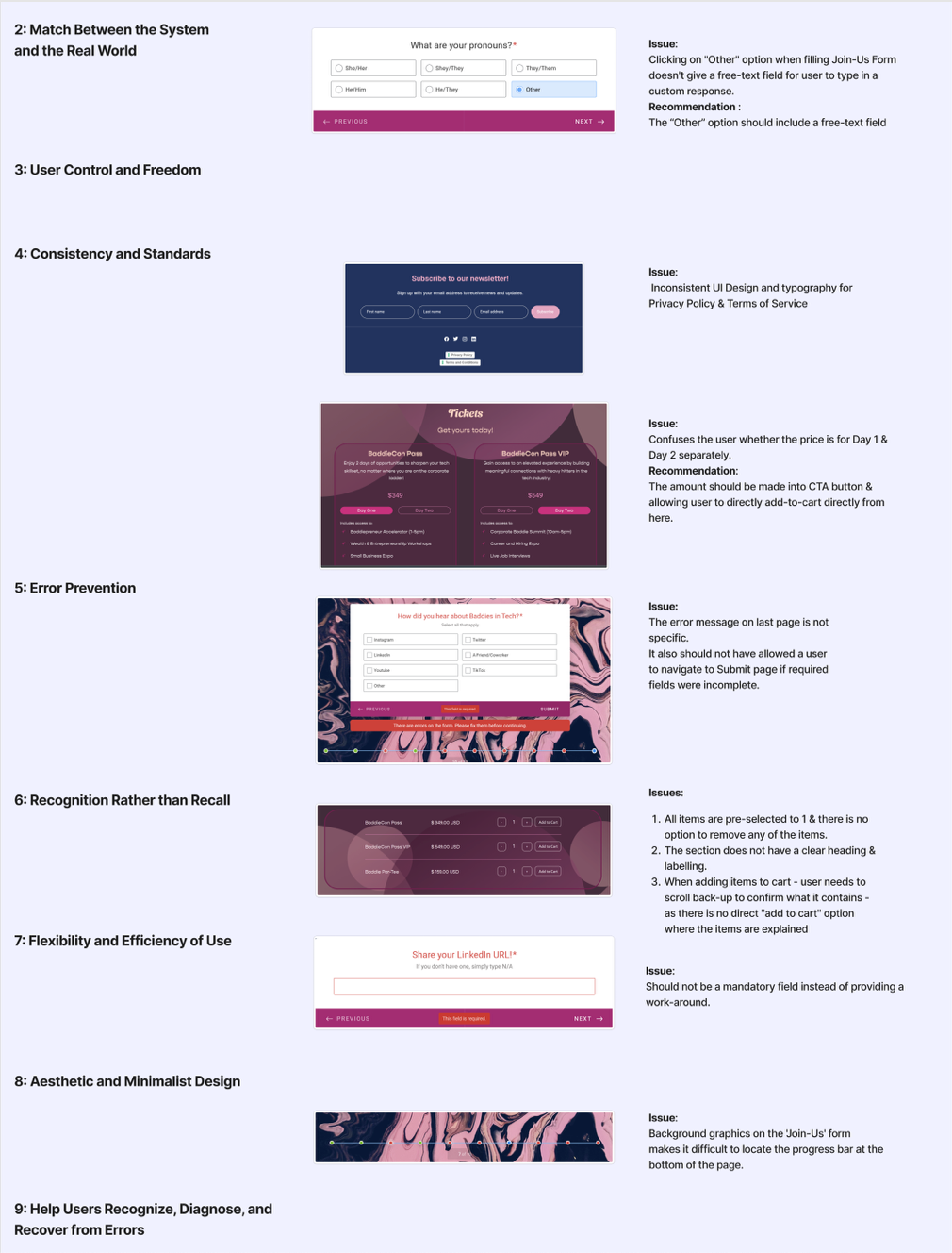 Annotated heuristic evaluation of the live Baddies in Tech site, organized by Nielsen heuristic
