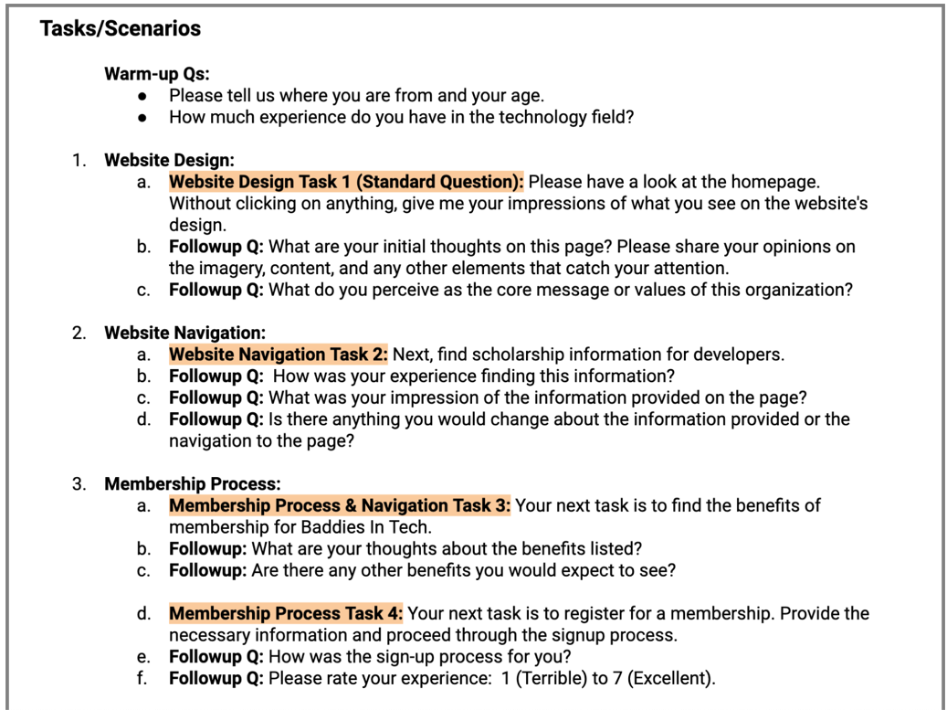 Usability testing tasks and follow-up questions