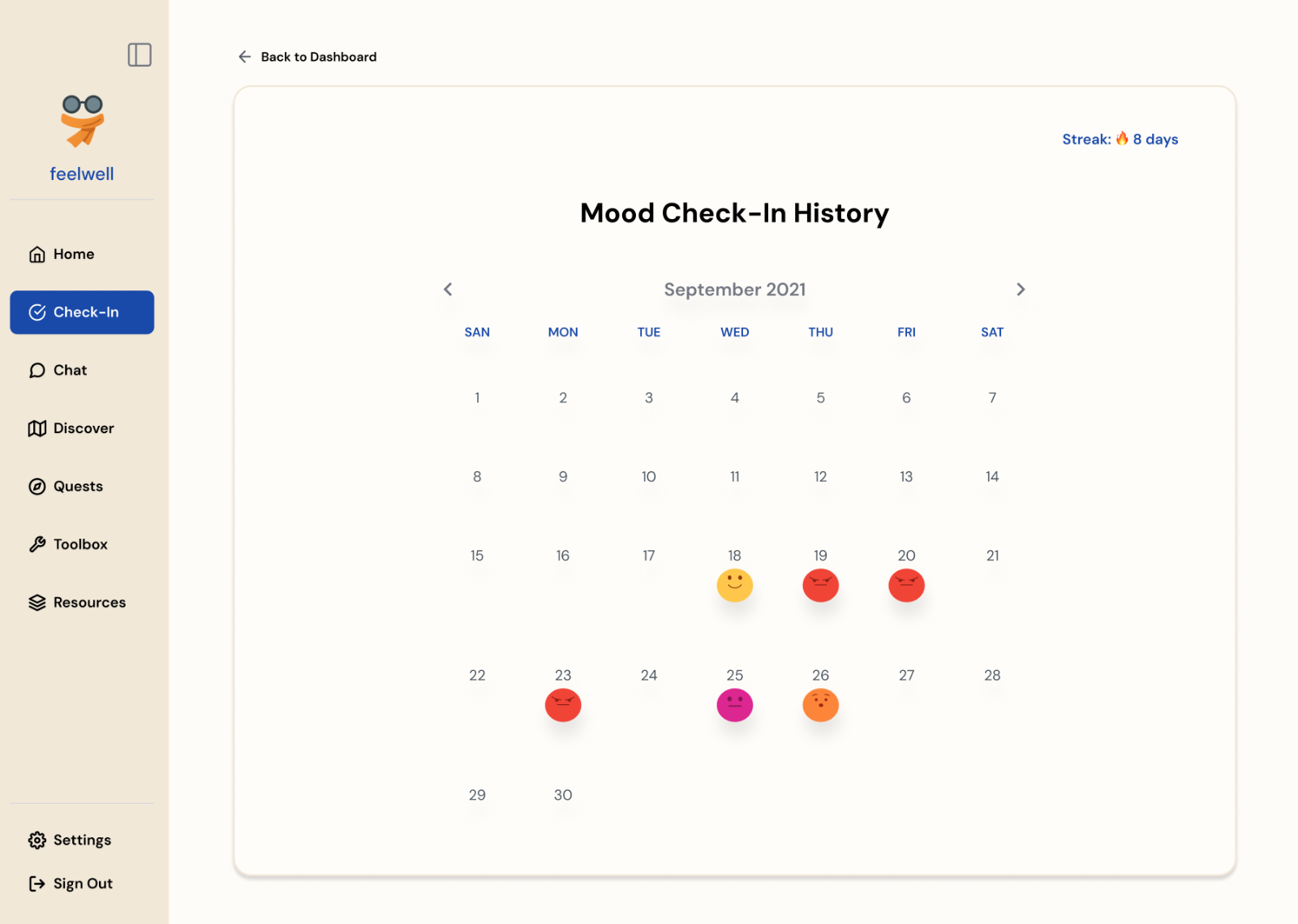 Mood check-in history calendar