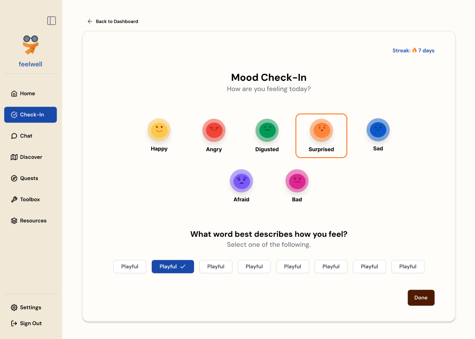 Mood check-in emotion selection