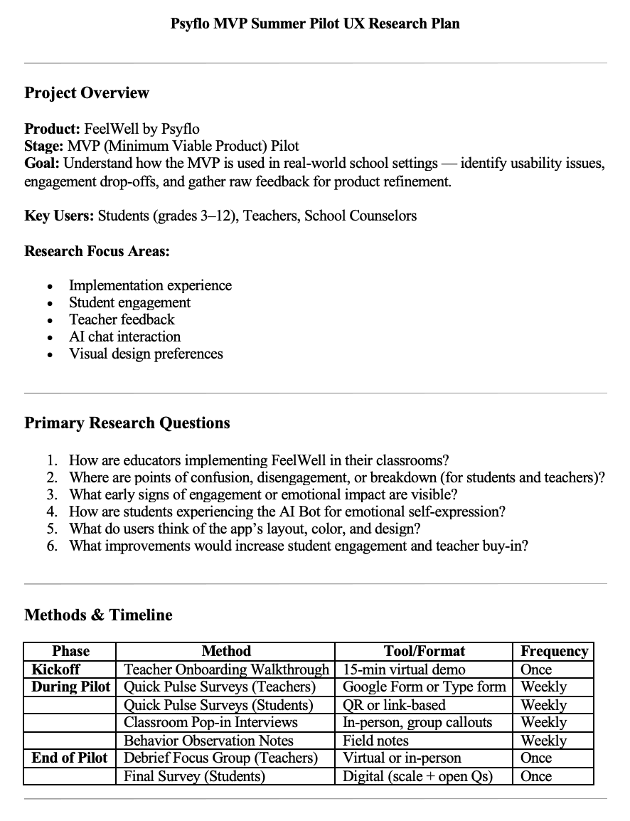 Psyflo MVP Summer Pilot UX Research Plan, page one